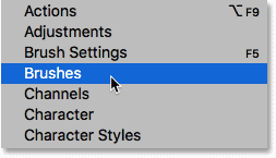 Opening the Brushes panel in Photoshop CC 2018