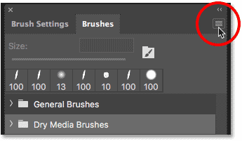 Clicking the Brushes panel menu icon in Photoshop CC 2018