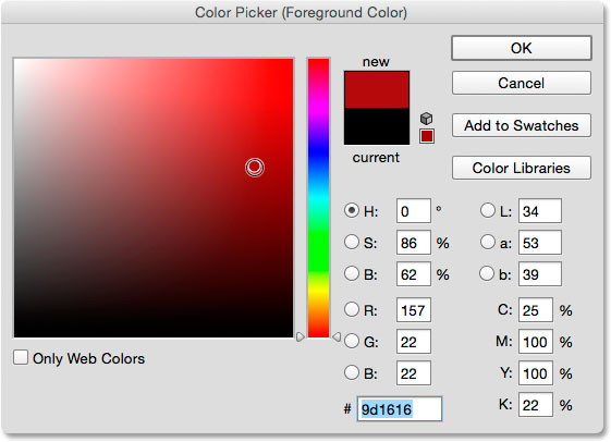 Choosing red for the new Foreground color from the Color Picker. 