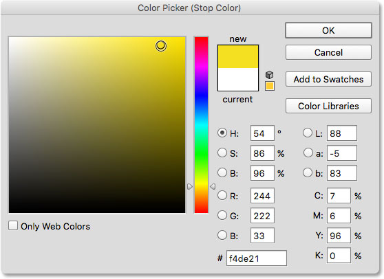 Memilih kuning dari Color Picker.  Gambar © 2015 Steve Patterson, Photoshop Essentials.com