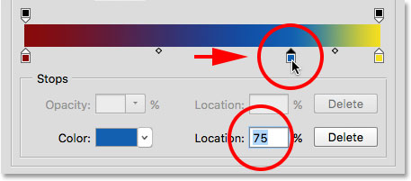 Moving a color by dragging its stop along the gradient. Image © 2015 Steve Patterson, Photoshop Essentials.com