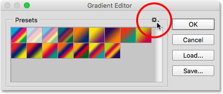 Mengeklik ikon roda gigi di Gradient Editor.  Gambar © 2015 Steve Patterson, Photoshop Essentials.com