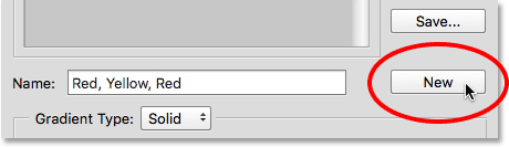 Clicking the New button in the Gradient Editor. Image © 2015 Steve Patterson, Photoshop Essentials.com