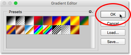 Clicking OK to close the Gradient Editor. Image © 2015 Steve Patterson, Photoshop Essentials.com