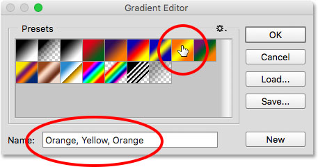 Clicking on a thumbnail to select a preset gradient. 