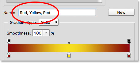 Naming the new gradient in the Gradient Editor. Image © 2015 Steve Patterson, Photoshop Essentials.com