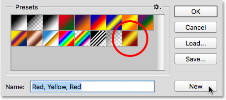 The new gradient has been saved as a preset. Image © 2015 Steve Patterson, Photoshop Essentials.com