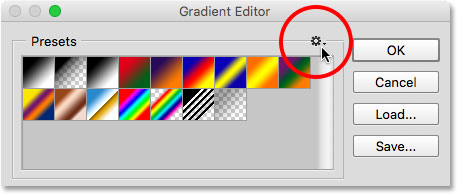 Mengeklik ikon roda gigi di daerah Presets.  Gambar © 2015 Steve Patterson, Photoshop Essentials.com