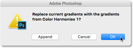 Clicking OK to replace the current gradients with the new set. 