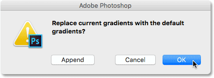 Clicking OK to restore the default gradients. 