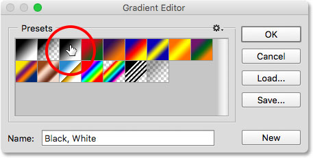 Choosing the Black, White gradient in the Gradient Editor. 