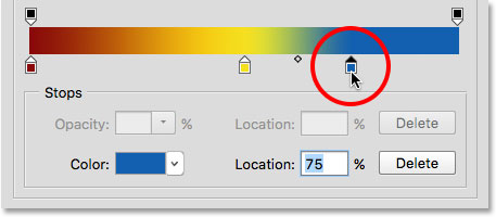 Selecting the blue stop. Image © 2015 Steve Patterson, Photoshop Essentials.com