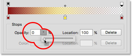 Lowering the Opacity value of the transparency stop to 0 percent. Image © 2015 Steve Patterson, Photoshop Essentials.com