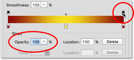 Selecting the transparency stop on the right. Image © 2015 Steve Patterson, Photoshop Essentials.com