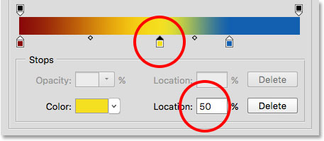 Moving a color by entering a new Location value. Image © 2015 Steve Patterson, Photoshop Essentials.com