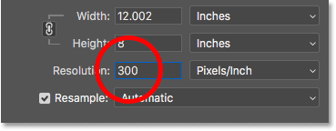 Entering the new resolution in the Image Size dialog box in Photoshop