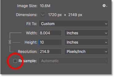 Unchecking Resample, entering the new Width and Height for the print size, and then checking the Resolution in the Image Size dialog box