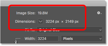 Photoshop's Image Size dialog box showing the current image size, in megabytes and in pixels