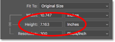 The pixel height, divided by the resolution, gives us the print height