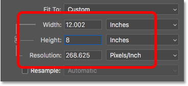 Increasing the width and height of the print dropped the resolution below 300 pixels/inch