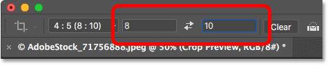 Entering the new aspect ratio in the Options Bar in Photoshop