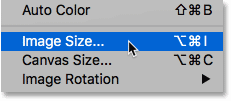 Choosing the Image Size command from the Menu Bar in Photoshop