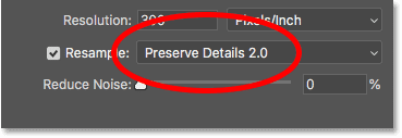 Choosing the Preserve Details 2.0 interpolation method in Photoshop CC 2018