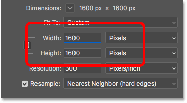 Entering the new width and height for the pixel art in the Image Size dialog box in Photoshop