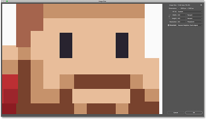 The upsampled pixel art looks great using the Nearest Neighbor interpolation method in Photoshop