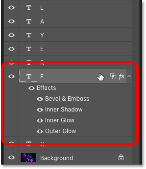 Il pannello Livelli di Photoshop che mostra gli effetti su un singolo livello's Layers panel showing the layer effects on a single layer