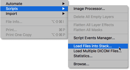 Selecting the Load Files into Stack command from under the File menu.