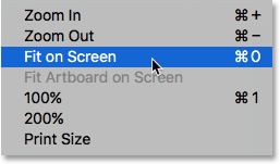 Selecting the Fit on Screen command in Photoshop