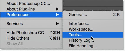 The Overscroll option is located in the Tools category of the Photoshop Preferences