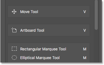 The Artboard Alat sekarang berada di bawah dan terpisah dari Move Tool.  Gambar © 2016 Steve Patterson, Photoshop Essentials.com