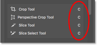 The Crop and Slice Tools group all share the same keyboard shortcut. 