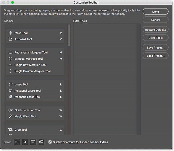 Kotak dialog Customize Toolbar baru di Photoshop CC 2015. Gambar © 2016 Steve Patterson, Photoshop Essentials.com