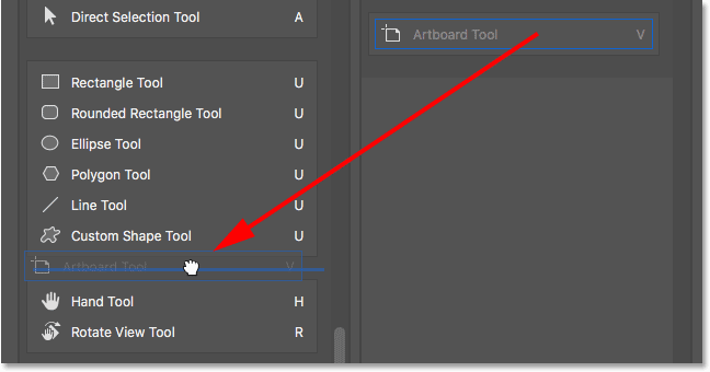 Dragging the Artboard Tool above the Hand Tool. 