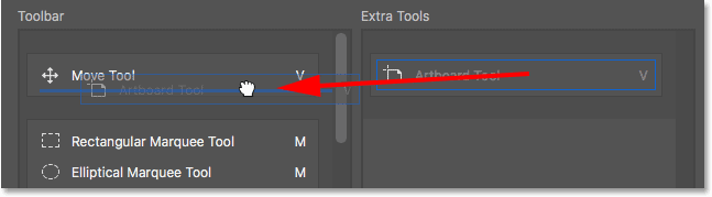 سحب أداة Artboard Tool إلى نفس المجموعة مثل أداة التحريك. 