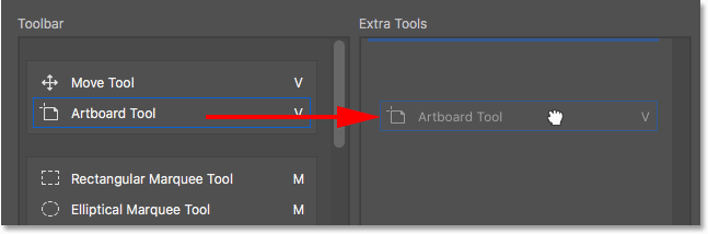 Customize Toolbar kotak dialog yang menunjukkan Move Tool dan kelompok Artboard Alat.  Gambar © 2016 Steve Patterson, Photoshop Essentials.com