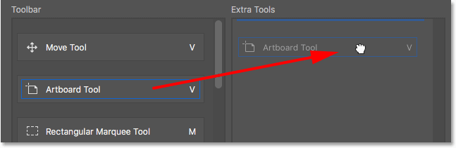 Menyeret Alat Artboard kembali ke dalam kolom Alat ekstra.  Gambar © 2016 Steve Patterson, Photoshop Essentials.com