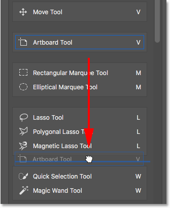 Menyeret Alat Artboard bawah kelompok Lasso Tool.  Gambar © 2016 Steve Patterson, Photoshop Essentials.com