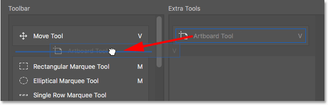 Bar biru muncul antara Move Tool dan Rectangular Marquee Tool.  Gambar © 2016 Steve Patterson, Photoshop Essentials.com