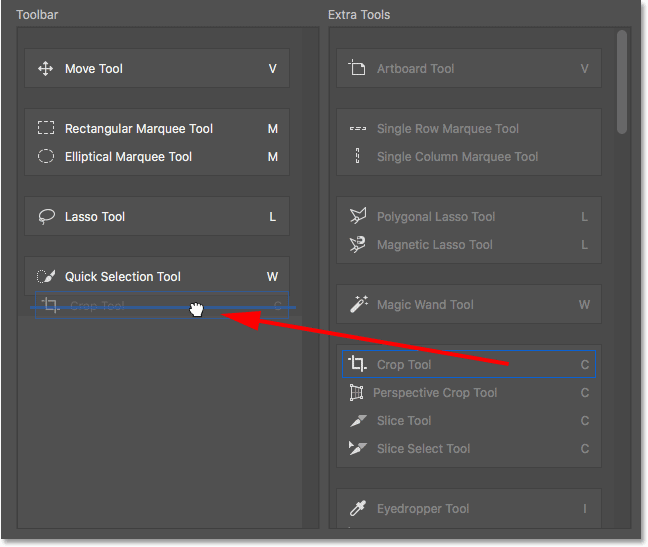 Menyeret beberapa alat dari kolom ekstra Alat ke dalam kolom Toolbar.  Gambar © 2016 Steve Patterson, Photoshop Essentials.com