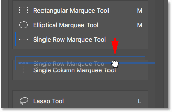 Menyeret Single Row Marquee Tool ke Kolom Marquee Tool box Tunggal.  Gambar © 2016 Steve Patterson, Photoshop Essentials.com