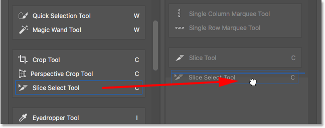 Clicking and dragging the Slice and Slice Select Tools into the Extra Tools column. 