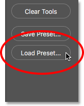 The Load Preset button in the Customize Toolbar dialog box in Photoshop.