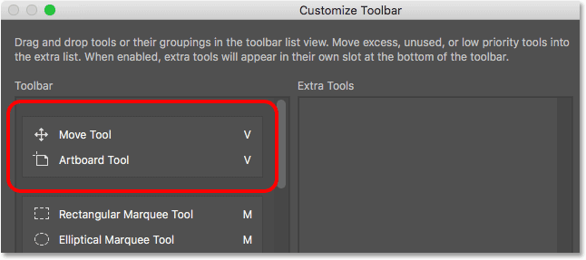 Customize Toolbar kotak dialog yang menunjukkan Move Tool dan kelompok Artboard Alat.  Gambar © 2016 Steve Patterson, Photoshop Essentials.com