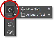 Move Tool dan Artboard Alat berbagi tempat yang sama di Toolbar.  Gambar © 2016 Steve Patterson, Photoshop Essentials.com