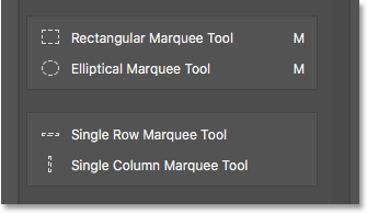 The Single Row and Single Column Marquee Tools are now grouped separate from the others. 