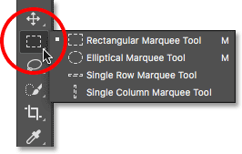 Alat-alat lain bersarang di balik Rectangular Marquee Tool.  Gambar © 2016 Steve Patterson, Photoshop Essentials.com